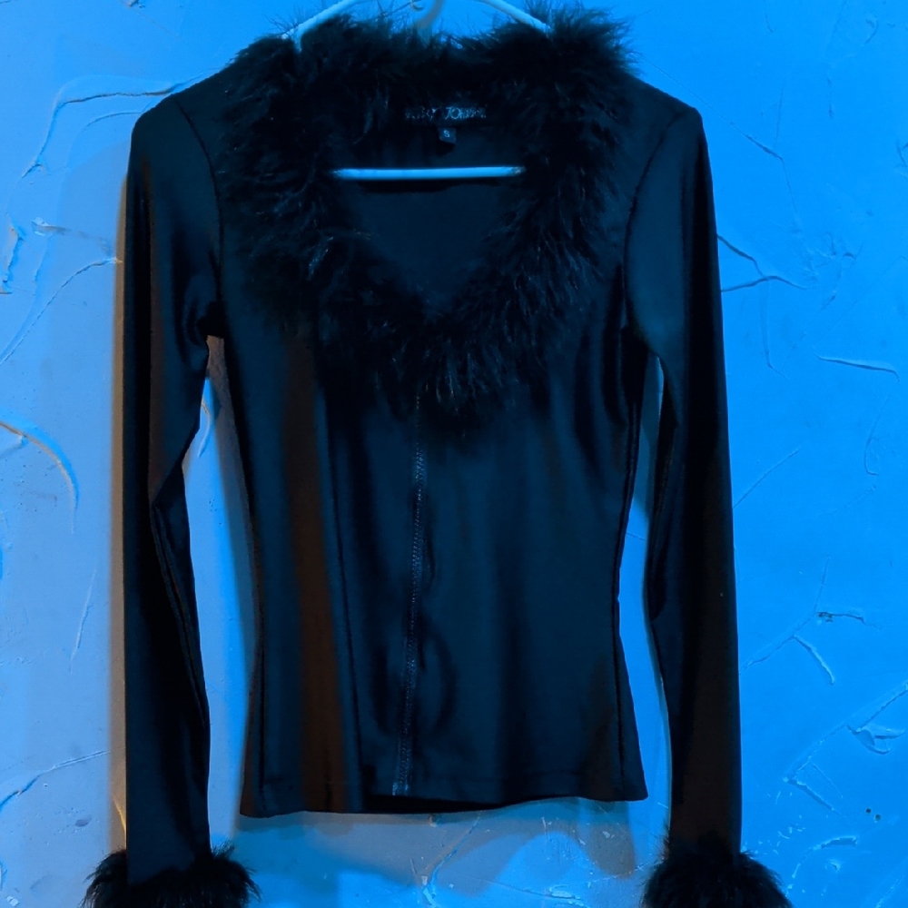 BETSY JOHNSON Circa 1998 Women's Black Faux-Fur Trim Long Sleeve Top